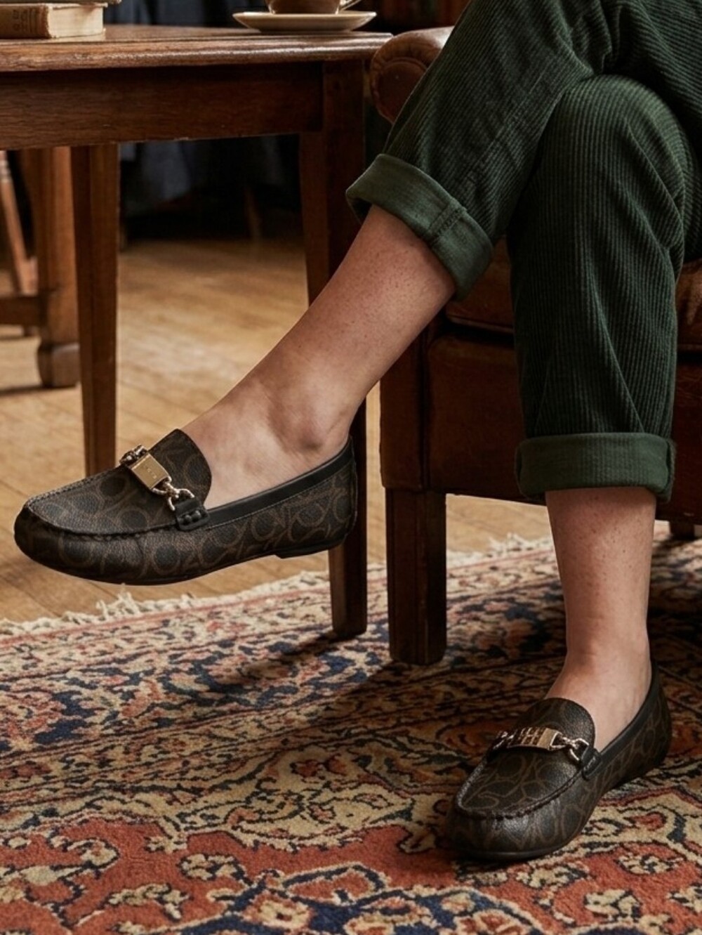Calvin Klein Brown Monogram Leather Loafers with Horsebit Detail - Women